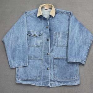 Vtg 80s Denim Chore Coat Sz L Stuffed Shirt Denim Corduroy Collar Barn Jacket